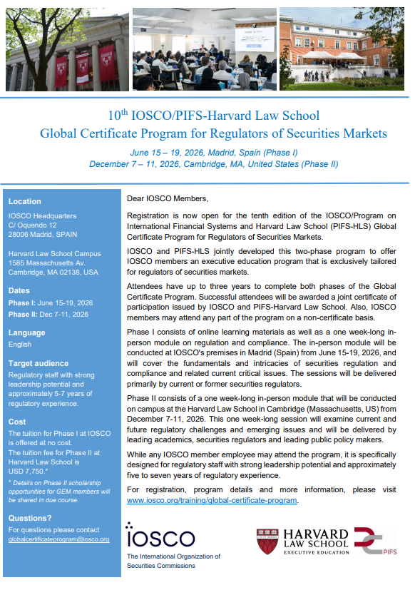 10th IOSCO-PIFS-Harvard Law School Global Certificate Program for Regulators of Securities Markets – Phase I, Madrid, Spain, 15-19 June 2026