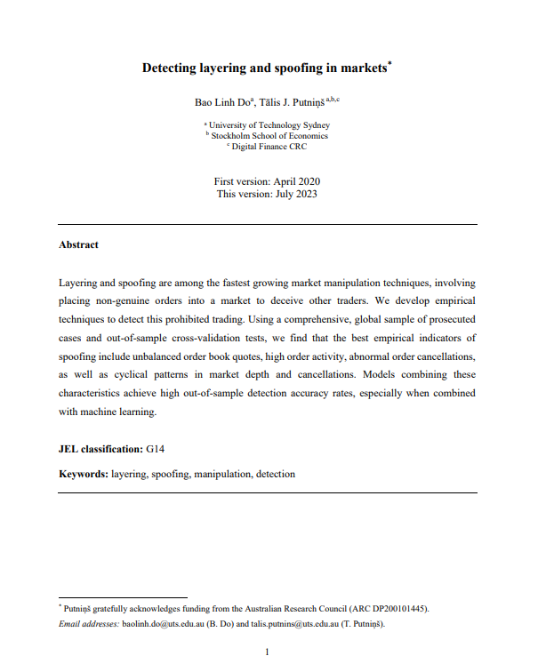 Detecting layering and spoofing in markets*