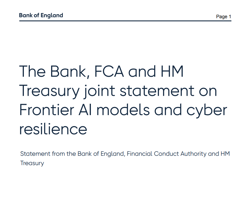 The Bank, FCA and HM Treasury joint statement on Frontier AI models and cyber resilience