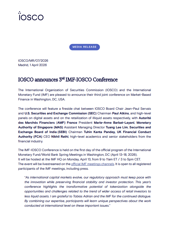 IOSCO announces 3rd IMF-IOSCO Conference 