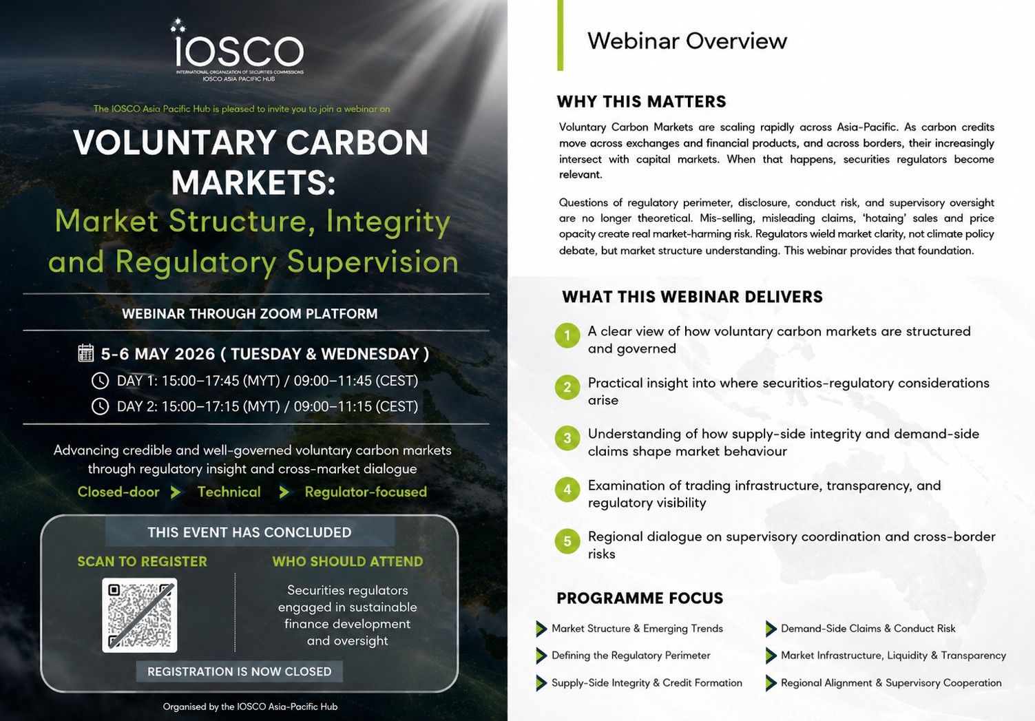 IOSCO Asia Pacific Hub Webinar on Voluntary Carbon Markets, Virtual, 5-6 May 2026