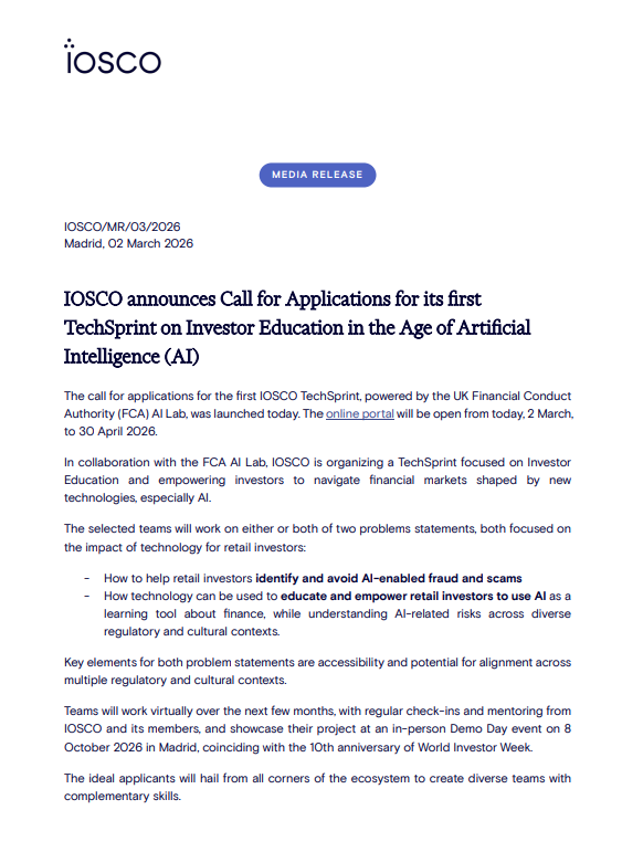 IOSCO announces Call for Applications for its first TechSprint on Investor Education in the Age of Artificial Intelligence (AI) 